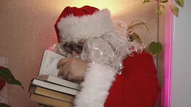 Santa Claus looking at long list with children desire