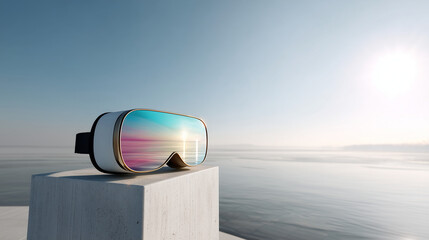 Close-up of a VR headset resting on a minimalist pedestal, reflecting a vibrant digital landscape on its lens, Immersive Art Experiences, soft morning sunlight, polished concrete f