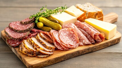 Delightful Culinary Display: A tantalizing arrangement of charcuterie meats, cheeses, pickles, and bread on a rustic wooden board, a feast for the eyes and palate.