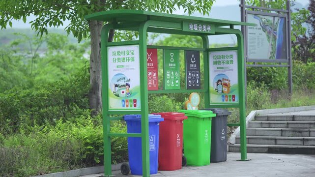 Color-Coded Recycling Bins Station with Educational Signage