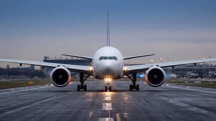 Obraz premium Cinematic front view of aircraft engines glowing subtly at dusk