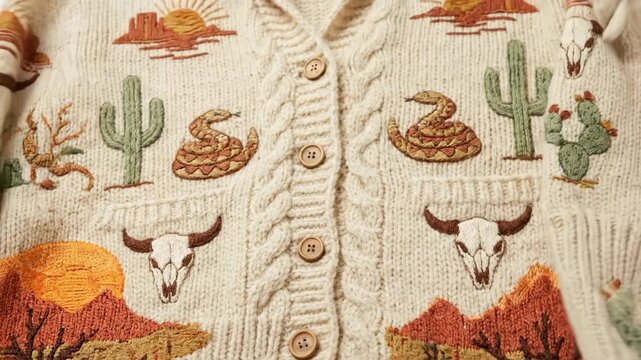 Close Up of Beige Knit Cardigan with Western Embroidery of Cactus Snake and Skull