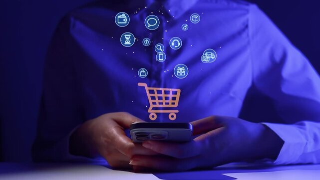 Person using smartphone for online shopping with digital icons above in a dark setting in the evening.