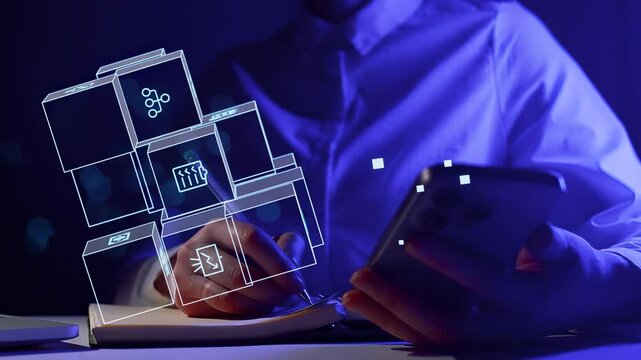 Person working with digital tools and devices while using a phone in a dark room with glowing icons.