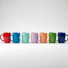 Collection of Seven Colorful Ceramic Mugs Lined Up.