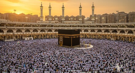 Large crowd of pilgrims surrounds the Kaaba during Hajj pilgrimage at sunset © Trio