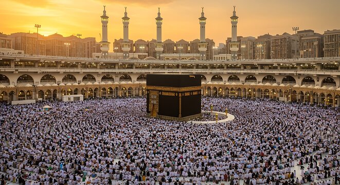 Large crowd of pilgrims surrounds the Kaaba during Hajj pilgrimage at sunset