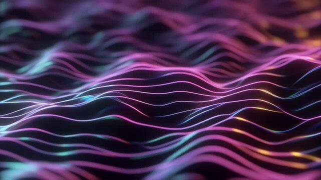 Abstract glowing neon lines form a dynamic wave pattern on a dark background.