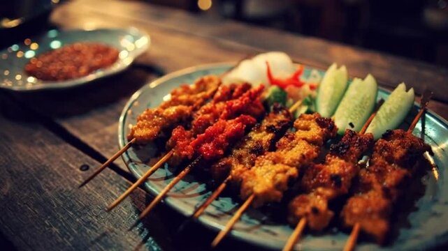 Grilled meat skewers with dipping sauce on a wooden table in a video of food presentation