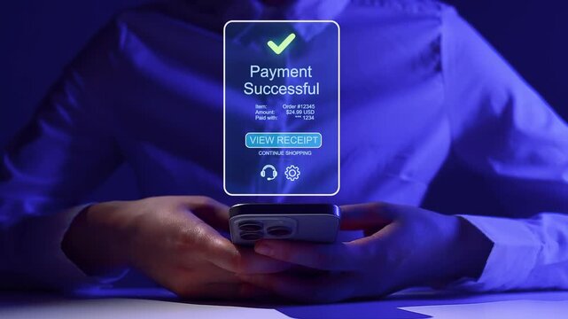 Payment confirmation on a smartphone screen at night displaying successful transaction details and options for receipt and shopping.