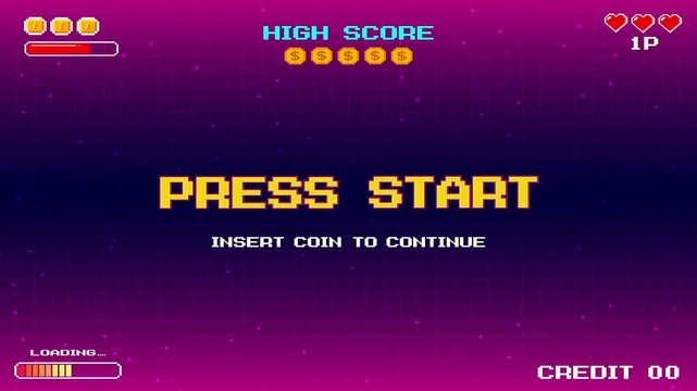 PRESS START. INSERT COIN TO CONTINUE. pixel art 8 bit. Retro Futurism Sci-Fi Background. glowing neon grid. and stars from vintage arcade computer games