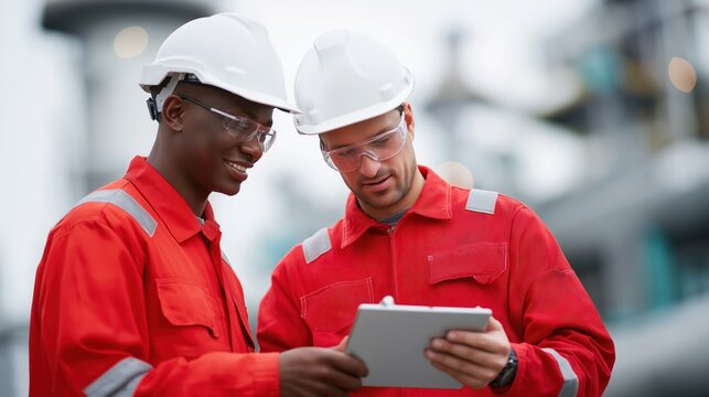 Two engineers reviewing data on tablet while wearing hard hats  
