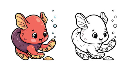 Cute cartoon red dumbo octopus playing with sand and bubbles with a happy smile vector illustration © MstSangita