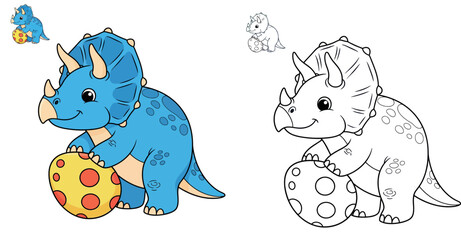 Cute cartoon blue triceratops dinosaur holding a yellow spotted egg vector illustration isolated on white background © MstSangita