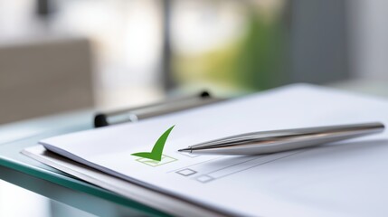 Fototapeta premium Completed checklist with green tick mark and silver pen on desk 