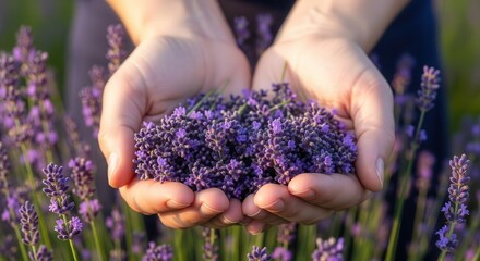 Hands holding freshly harvested lavender flowers surrounded by blooming lavender plants in a vibrant field under natural sunlight