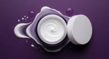 White cream in a glass jar with a white lid placed on a purple background, surrounded by drops of cream and liquid, showcasing a smooth texture and glossy finish