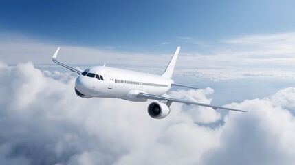 Obraz premium Commercial airplane flying above white clouds in blue sky 