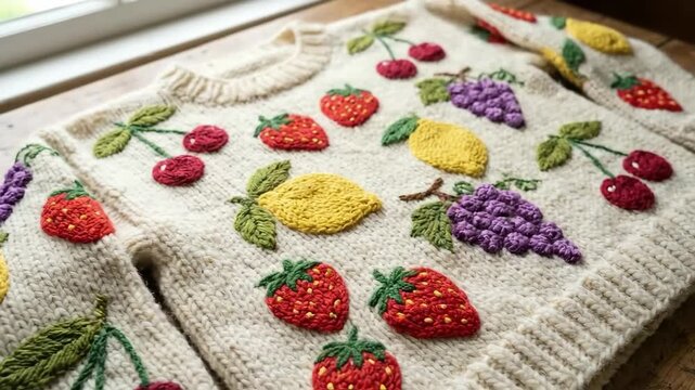 Knitted Sweater with Fruit Embroidery on Wooden Table Near Window