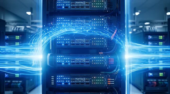Server room with multiple network servers and data transfer visualization.
