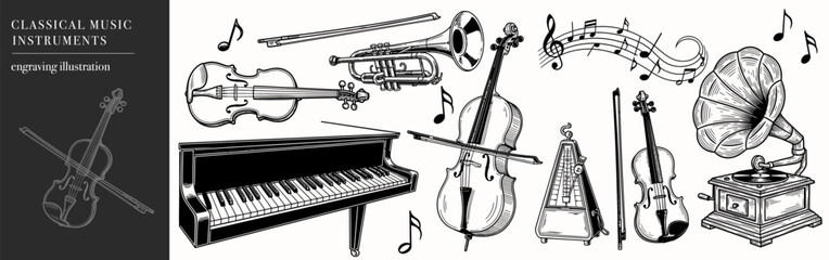 Vintage music equipment illustration. Engraved hand drawn sketch, isolated on white background. Vector illustration