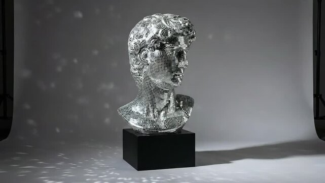 Rotating mirror disco ball David bust sculpture on pedestal in studio lighting