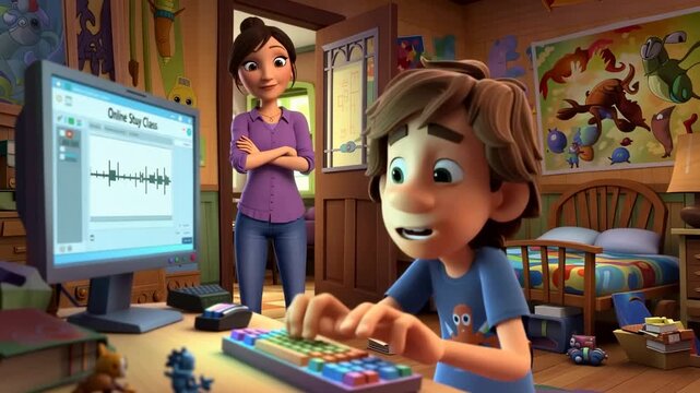 Animated boy attending online class with mother supervising from home cartoon style e learning