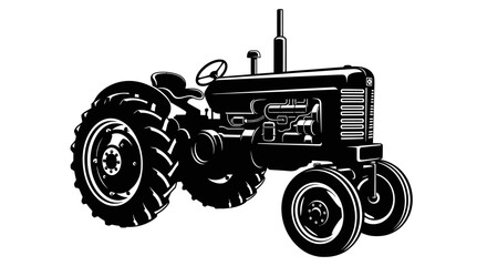 Silhouette of a classic farm tractor from a dynamic angle, highlighting its robust design for agricultural work, isolated white background. © Slamet