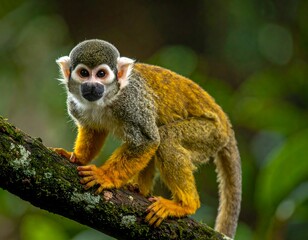 Obraz premium A small, colorful primate perches on a mossy branch, looking directly at the viewer with inquisitive eyes against a blurred backdrop