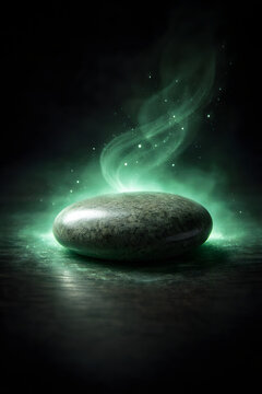 Mystical Glowing Stone with Green Energy Smoke Fantasy Concept