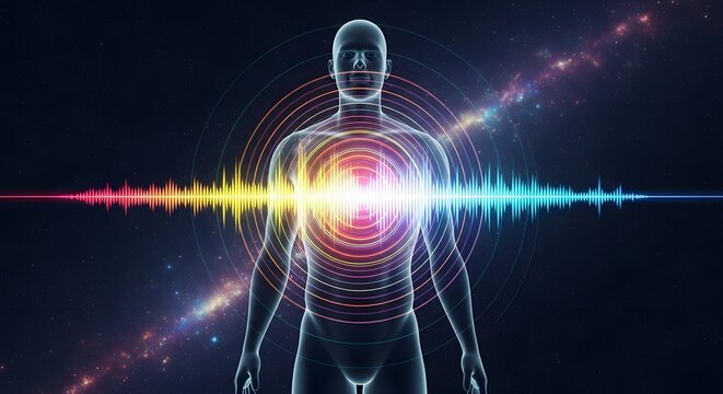 Human silhouette with glowing energy frequency waves. Spiritual awakening and meditation concept. Digital man standing in space with aura vibrations and cosmic frequency pulses