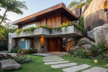 Fototapeta premium Modern house design featuring natural materials and landscaping, situated among large rocks and greenery during daylight, showcasing the fusion of architecture and nature