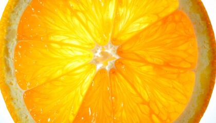Fresh orange slice with juicy segments and bright sunlight glow isolated on white