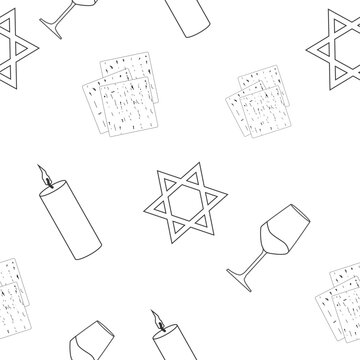 Passover celebration design featuring Star of David, matzah bread, wine cup, and candles in a seamless pattern for Jewish holiday greeting
