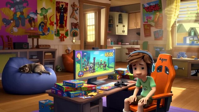 Animated boy sits disappointed after gaming loss next to puzzle games with interior house and dog on blue beanbag chair background