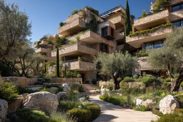 Fototapeta premium A contemporary structure surrounded by lush greenery and featuring a charming stone pathway can be seen bathed in sunlight during the day, viewed from a serene garden area nearby