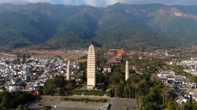 Three Pagodas Dali China - Ancient Temple Aerial Mountain View