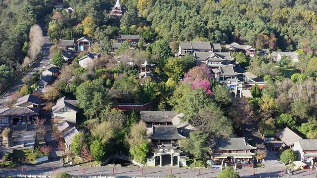 Aerial View of Traditional Chinese Architecture Complex Among Trees