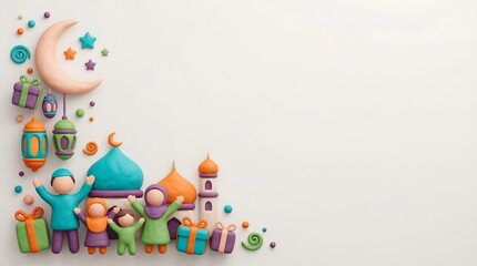 Obraz premium Eid Mubarak Family Celebrates with Gifts and Decorations