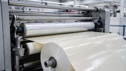 Wide web coater evenly applying pressuresensitive adhesive onto paper label stock rolls in a clean industrial setting showcasing precise coating technology.