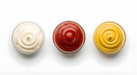 Overhead studio shot of three small bowls of various popular sauces (mayonnaise, red sauce, yellow sauce) on a clean white background, ready for serving food.
