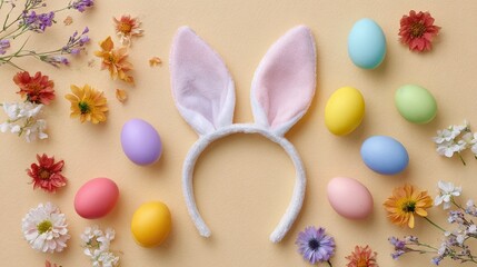 Colorful Easter eggs and bunny ears headband surrounded by spring flowers on a pastel yellow background for festive holiday decoration