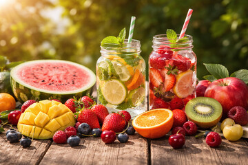 Fresh Fruit Infused Detox Water in Mason Jars with Summer Fruits on Rustic Table Outdoor