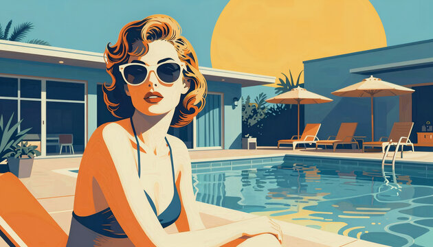 Retro Glamour Summer Poolside Bliss: Vintage Woman Lounging in Sunglasses by Mid-Century Modern House
