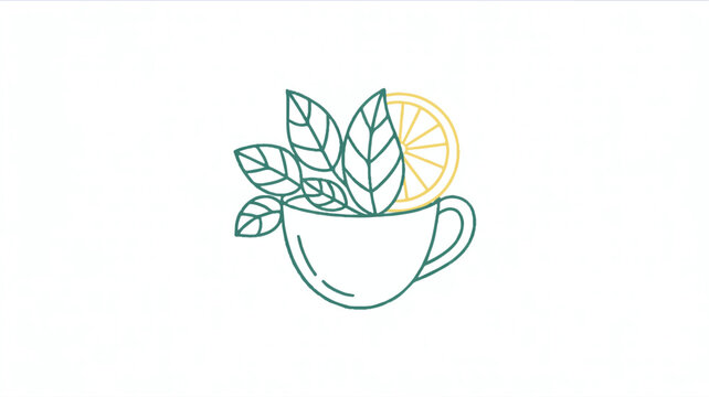A green line drawing of a tea cup with leaves and a lemon slice on top
