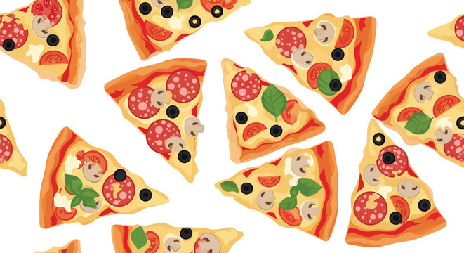 Seamless pizza slice vector food pattern with cheese, pepperoni, olives, and vegetables on white