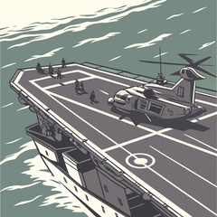 Military helicopter on a naval ship deck in the middle of the ocean with people standing around © ttt