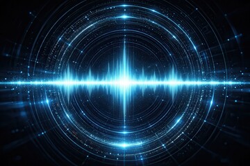 Obraz premium Abstract Blue Sound Waveform Pulsating with Light Particles and Circular Orbits, Representing Technology and Digital Data