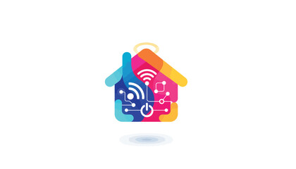 Fototapeta premium Smart home logo design, colorful house icon with wifi and digital circuit elements, modern home automation vector illustration