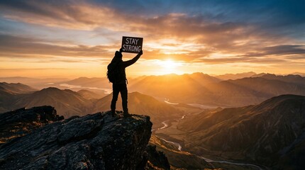 Obraz premium Silhouette of a triumphant hiker holding a sign on a rocky mountain peak at sunset with a breathtaking valley view.